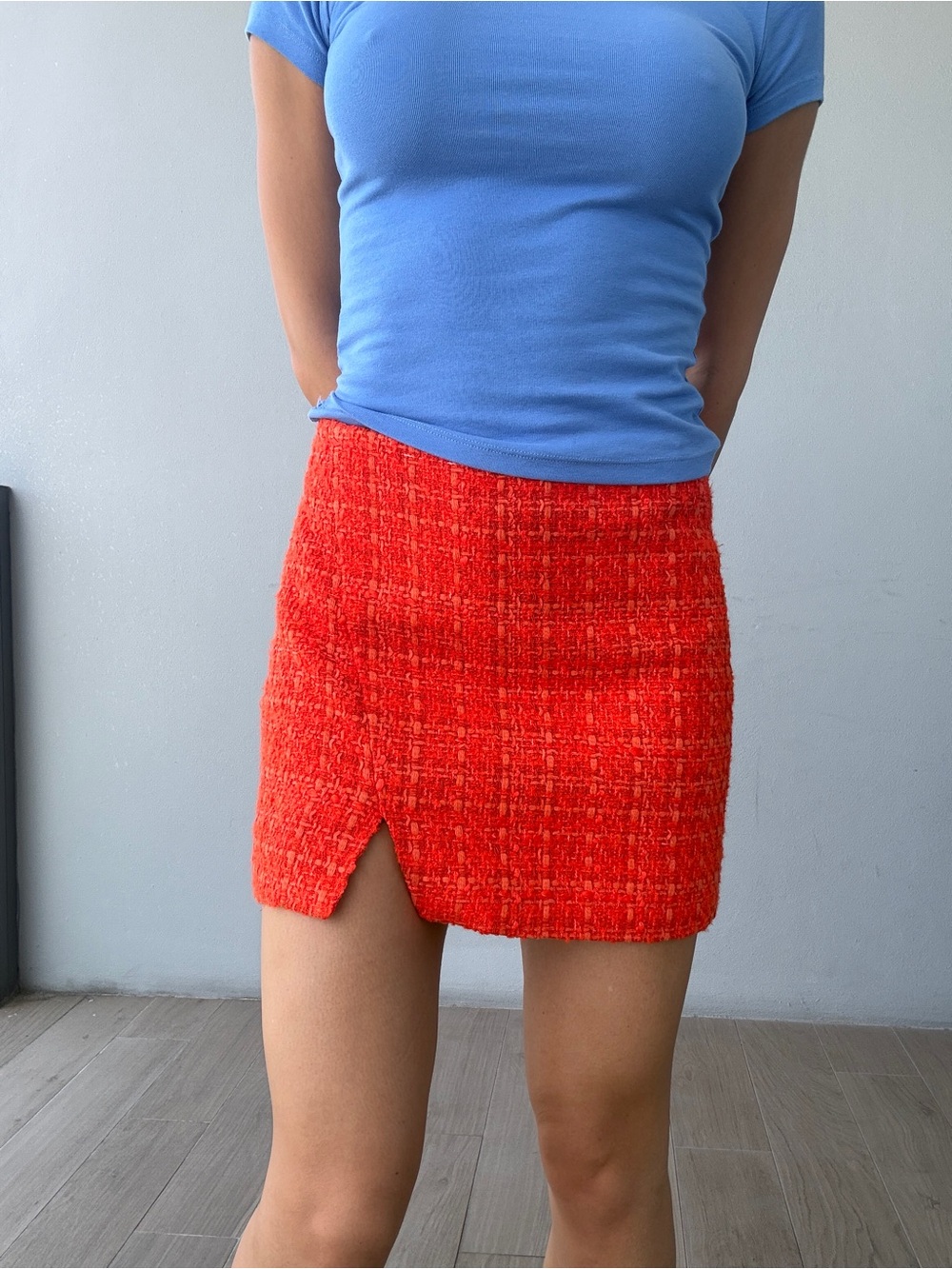 Red Bouclé Mini Skirt with Front Notch